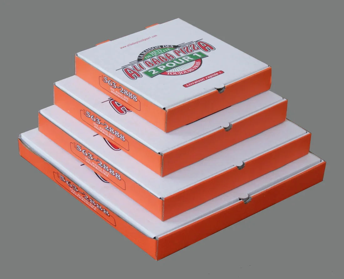 Custom Printed Pizza Boxes – Wholesale Logo Printing for Pizzerias & Restaurants with layered orange and white branded design