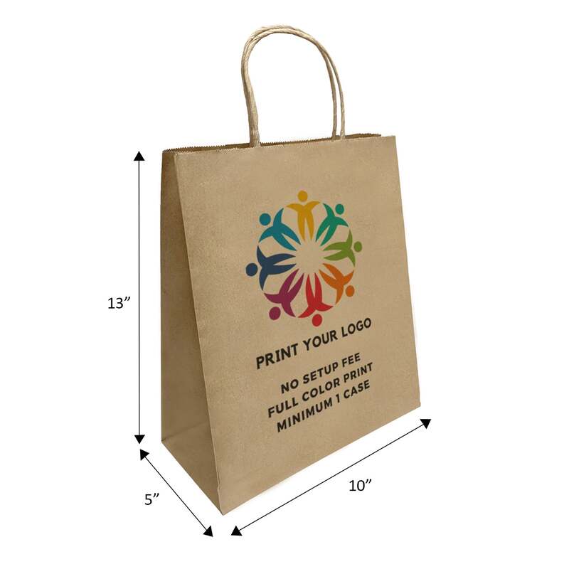 250pcs, Custom Printed Kraft Paper Bags 10x5x13 Inches, Twist Handles, Flat Bottom – Made in Canada