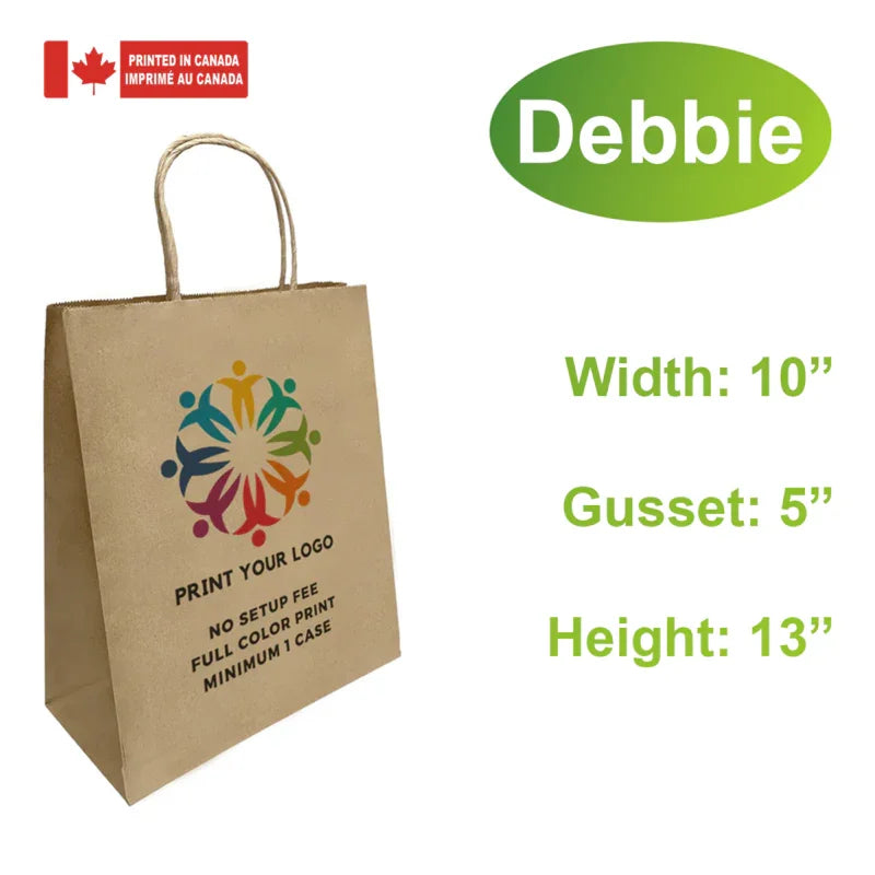 250pcs, Custom Printed Kraft Paper Bags 10x5x13 Inches, Twist Handles, Flat Bottom – Made in Canada with colorful logo print