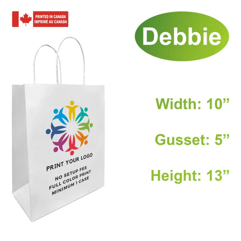 250pcs, Custom Printed White Paper Bags 10x5x13 Inches, Twist Handles, Flat Bottom – Made in Canada with full color logo print