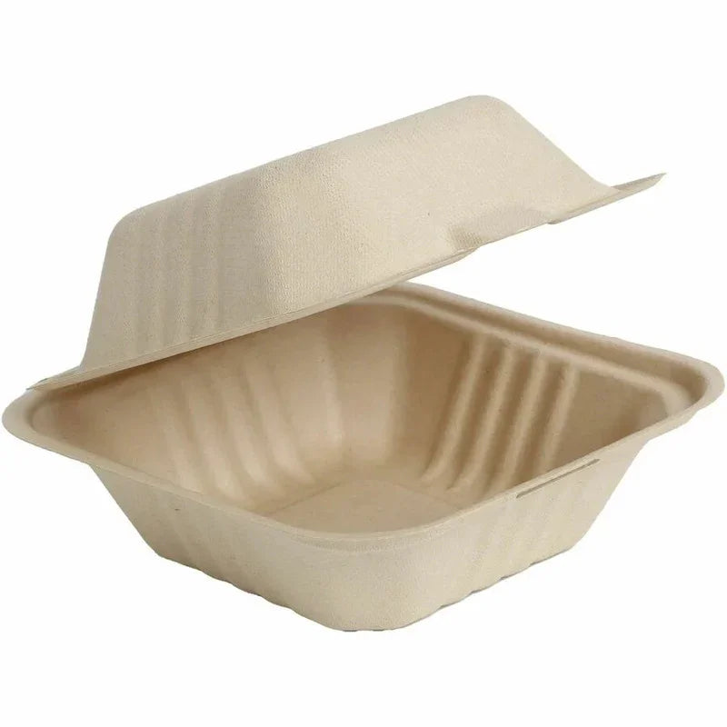 Sugarcane Bagasse Container, 6x6x3 Inches, (Regular), #500 pcs, Kraft eco-friendly takeout food container open view