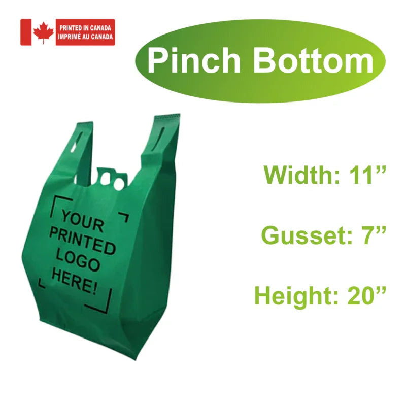200pcs Non-Woven Reusable Shopping Bags – 11x7x20 Inches, Pinch Bottom, 1-Color Print, Made in Canada green bag with size measurements shown