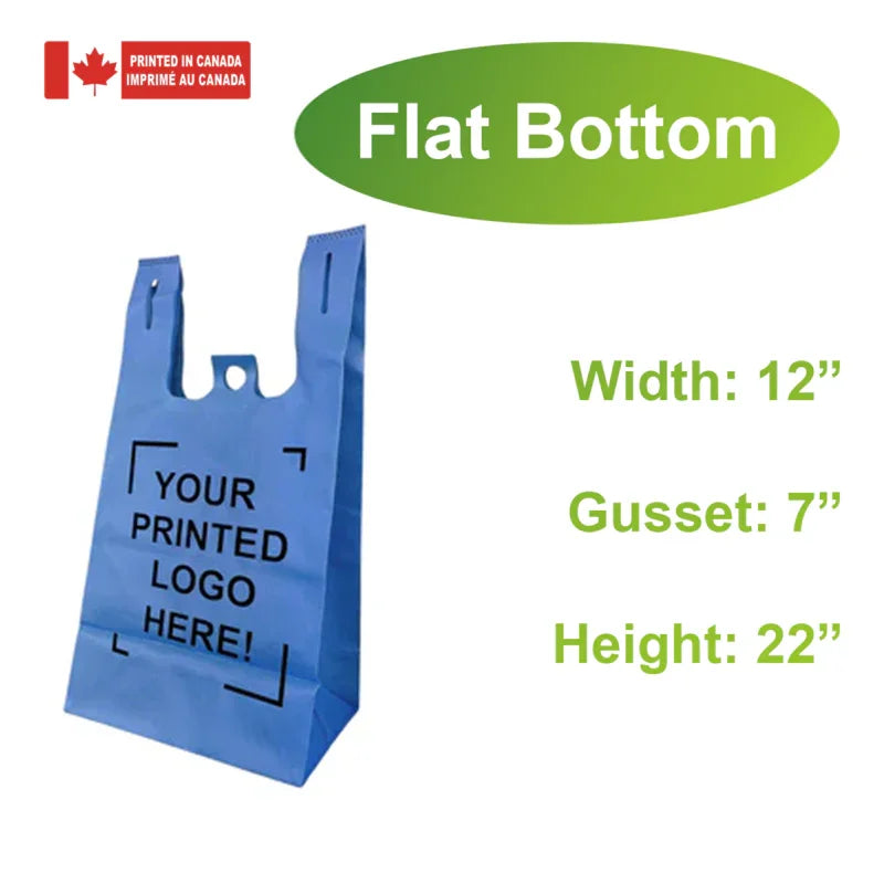 200pcs Non-Woven Reusable Shopping Bags – 12x7x22x7 Inches, Flat Bottom, 1-Color Print, Made in Canada blue bag with logo print area
