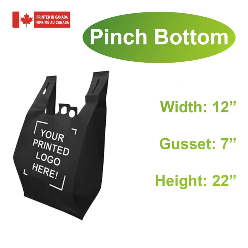 200pcs Non-Woven Reusable Shopping Bags – 12x7x22 Inches, Pinch Bottom, 1-Color Print, Made in Canada black bag with size details and logo space