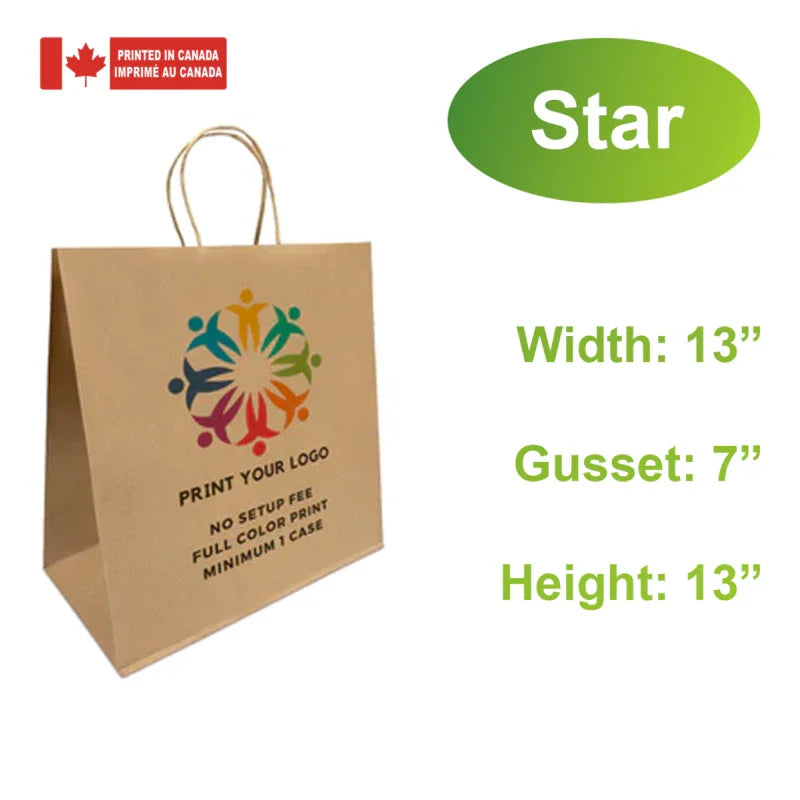 250pcs, Custom Printed Kraft Paper Bags 13 * 7 * 13 Inches, Twist Handles, Flat Bottom – Printed in Canada with full-color logo print