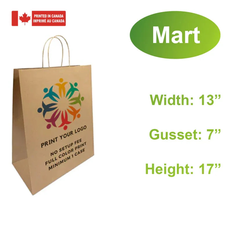 250pcs, Custom Printed Kraft Paper Bags 13 * 7 * 17 Inches with twist handles and flat bottom – Made in Canada with full color logo print