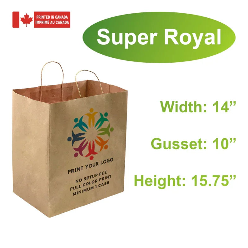 Logo printing for 14x10x15.75 Inches Kraft Paper Bags with full color, no setup or plate fee, Super Royal model