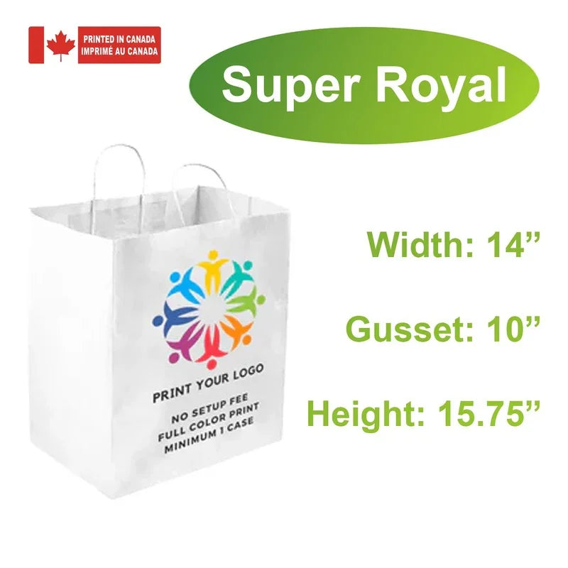 Logo printing for 14x10x15.75 Inches White Paper Bags with full color print, no setup or plate fee, Super Royal model