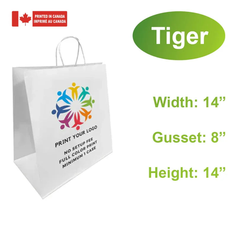 Logo printing for 14x8x14 Inches White Paper Bags with full color print, no setup or plate fee, printed in Canada