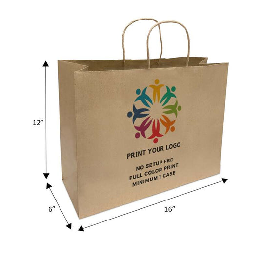 250pcs, Custom Printed Kraft Paper Bags 16 * 6 * 12 Inches, Twist Handles, Flat Bottom – Made in Canada