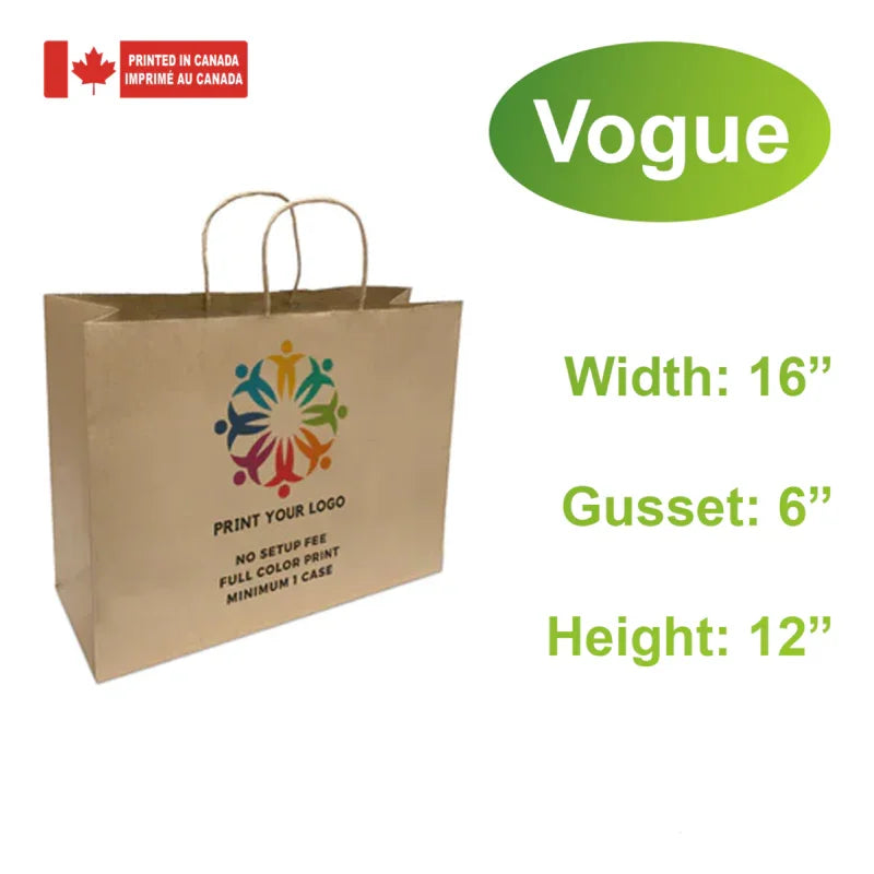 250pcs, Custom Printed Kraft Paper Bags 16 * 6 * 12 Inches with twist handles and flat bottom made in Canada shown with logo print area