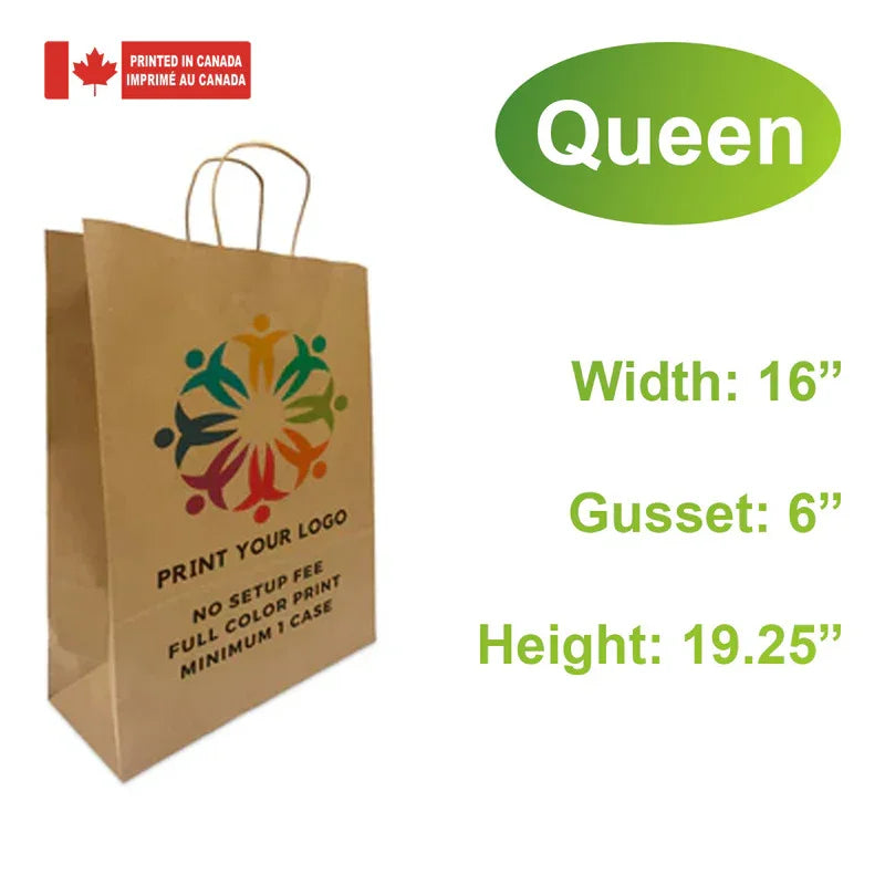 200pcs, Custom Printed Kraft Paper Bags 16 * 6 * 19 Inches with twist handles and flat bottom – Printed in Canada