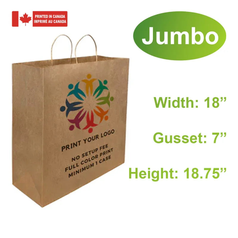 200pcs, Custom Printed Kraft Paper Bags 18 * 7 * 19 Inches with twist handles, flat bottom, printed in Canada jumbo size