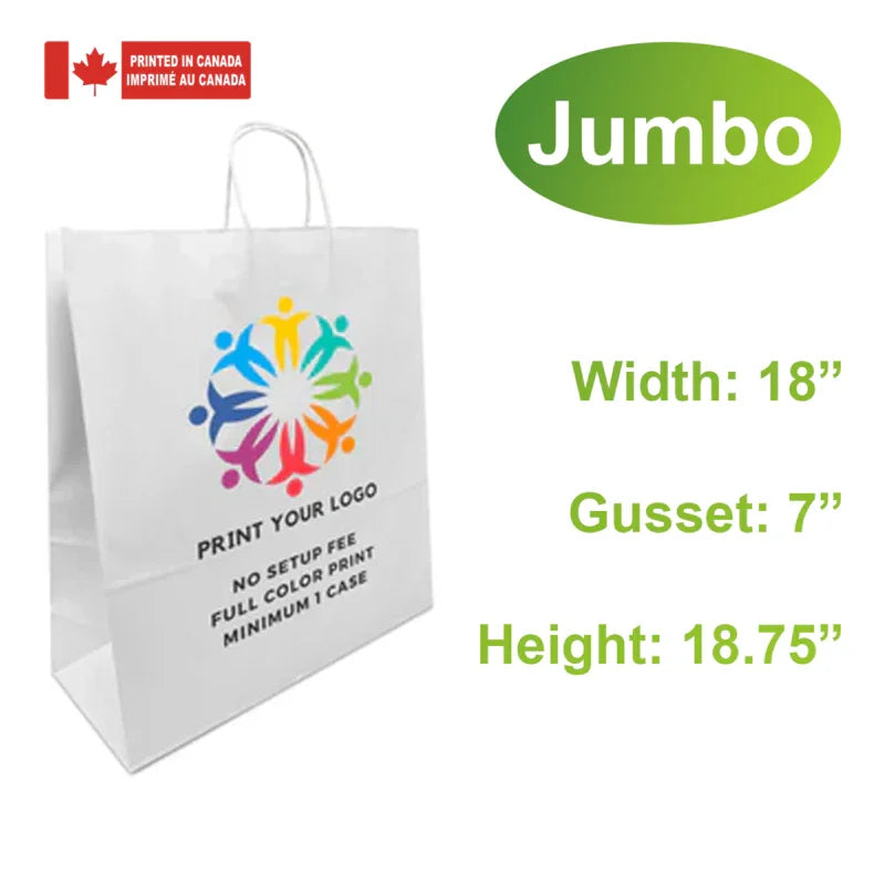200pcs, Custom Printed White Paper Bags 18 * 7 * 19 Inches, Twist Handles, Flat Bottom – Printed in Canada with full color logo print