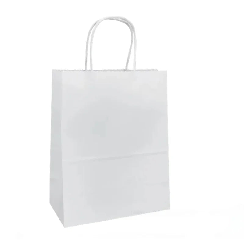 White Paper Bags with handles, 8x4x10 inches, plain recycled paper design with twisted handles and sturdy flat bottom