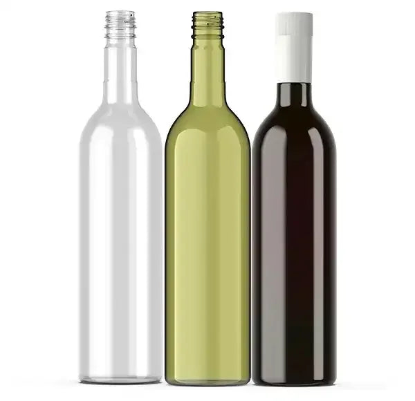 Premium Wine Bottles | Glass or Plastic Options | Wineries, Restaurants, Bars| Wholesale Canada showing three empty bottles in clear, green, and dark glass