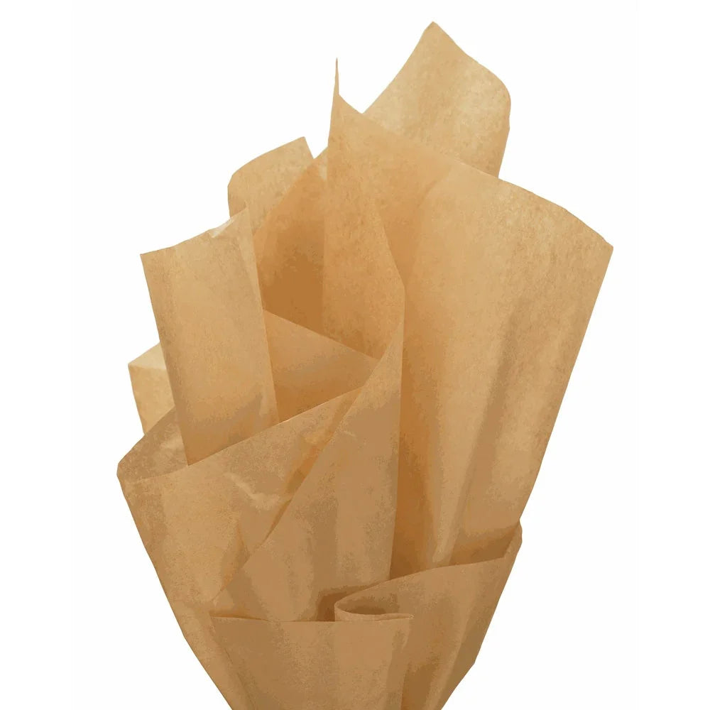 Tissue Paper 15x20 inches 500 sheets showing light brown kraft sheets with soft, natural texture fanned out
