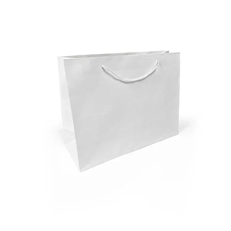 Eurototes White Paper Bags with handles,16x6x12 inches, white recycled paper tote with rope handles on white background