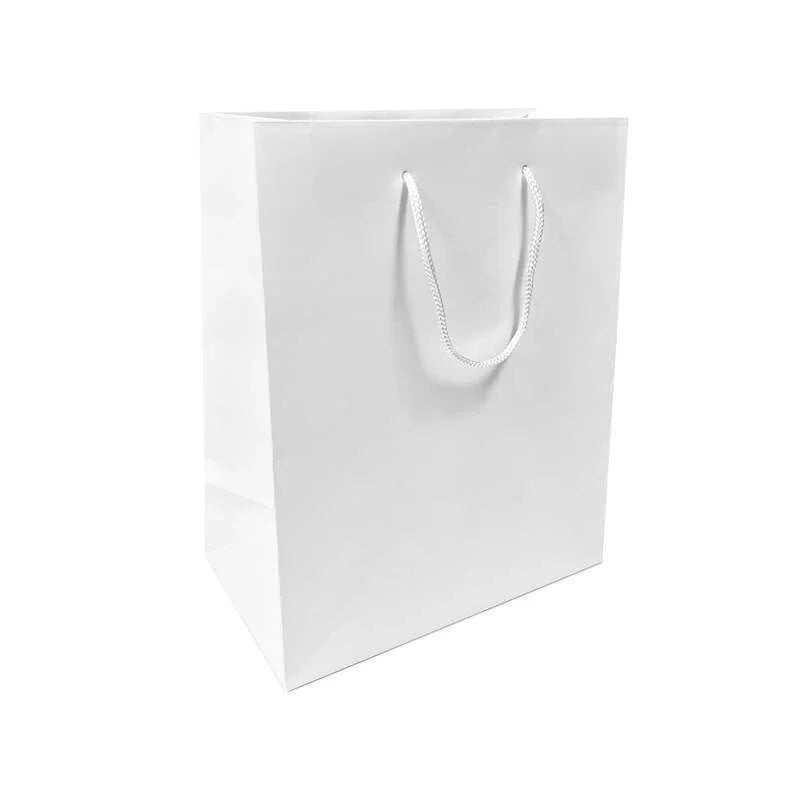 Eurototes White Paper Bags with handles,8x4.75x10.25 inches, white recycled paper bag with rope handles standing upright