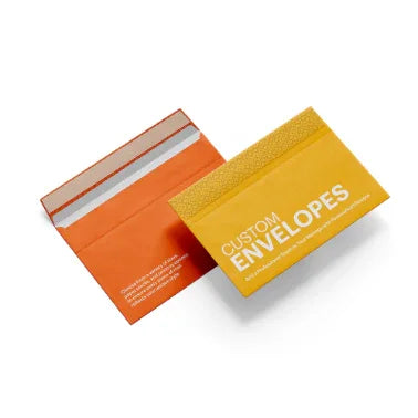 Custom Printed Envelopes | Logo Branded Envelopes | Wholesale Canada showing orange branded envelopes with peel and seal closures