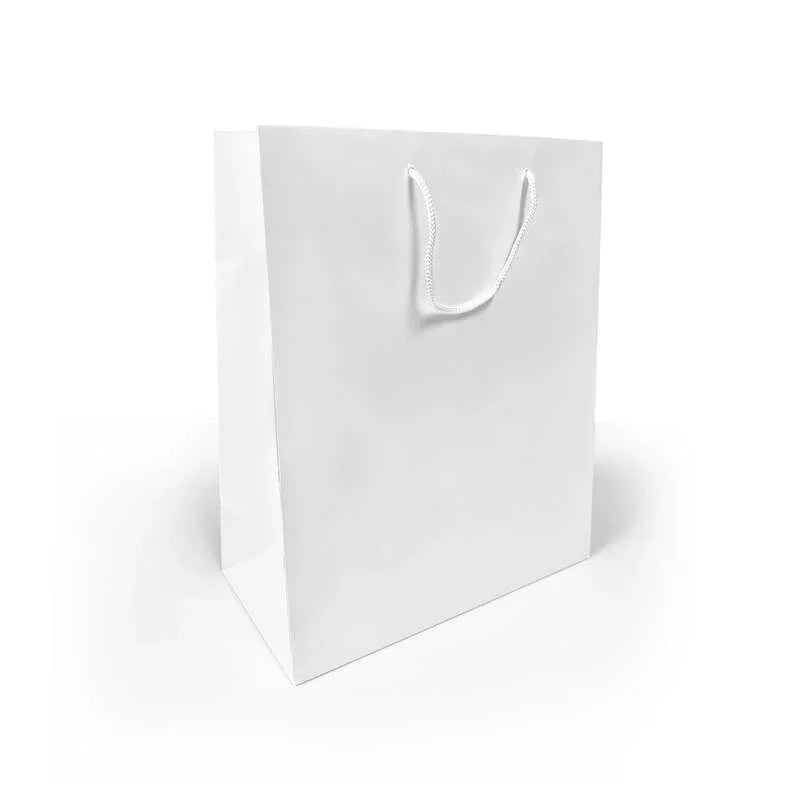 Eurototes White paper Bags with handles,10x5x13 inches, recycled white paper tote with rope handles standing upright