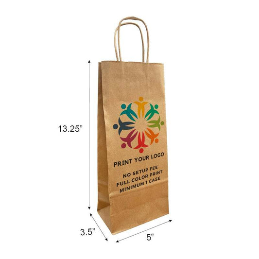 250pcs, Custom Printed Kraft Paper Bags 5 x3.50x13.25 Inches, Twist Handles, Flat Bottom – Made in Canada