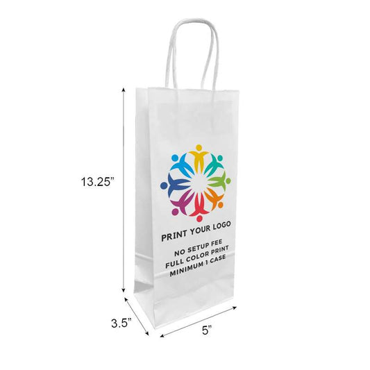 250pcs, Custom Printed White Paper Bags 5 x3.50x13.25 Inches, Twist Handles, Flat Bottom – Made in Canada