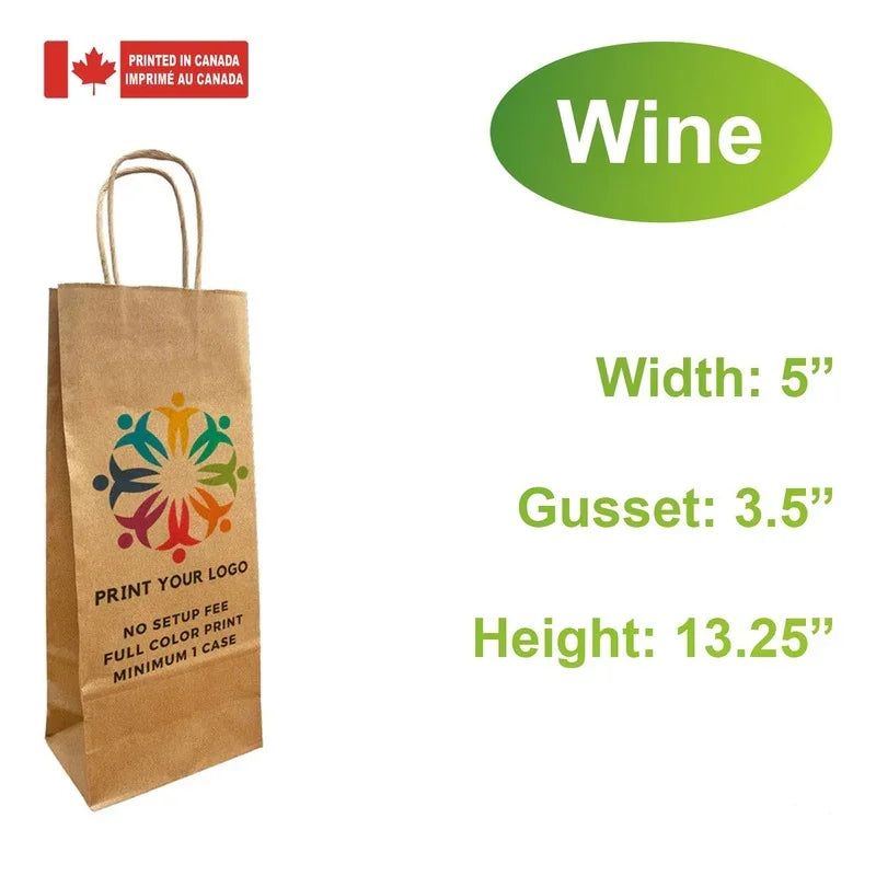 250pcs, Custom Printed Kraft Paper Bags 5 x3.50x13.25 Inches with twist handles and flat bottom – Made in Canada wine bag