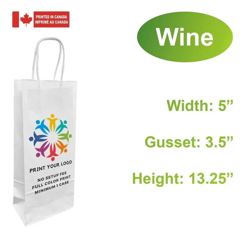 250pcs, Custom Printed White Paper Bags 5 x3.50x13.25 Inches, Twist Handles, Flat Bottom – Made in Canada with logo example