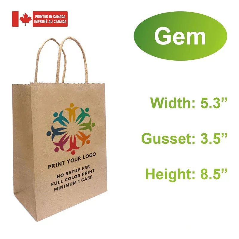 Logo printing for 5.3x3.5x8.5 Kraft bags with full color logo print and natural twisted handles visible
