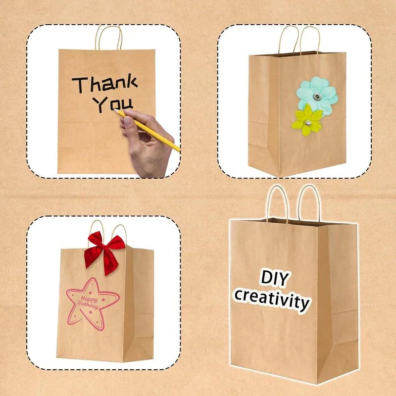 Kraft Paper Bags with handles, 5x3x8 inches, customizable eco-friendly brown bags decorated with DIY designs and bows