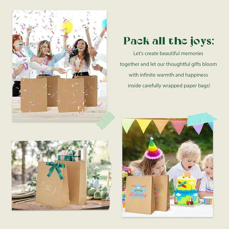 Kraft Paper Bags with handles, 10x5x13 inches shown in party, gift, and celebration settings with colorful decorations
