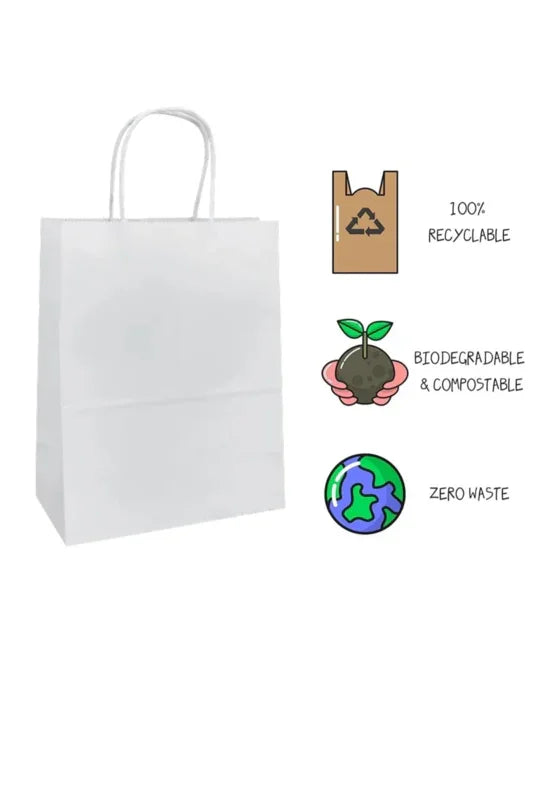 Wine Bags - White Paper Bags with handles, 5x3x12 inches shown with eco-friendly recyclable and compostable icons