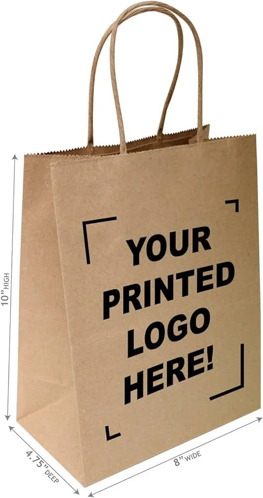 Logo printing for 8.5x4.75x10.25 Kraft Paper Bags with twisted handles and customizable logo print area visible