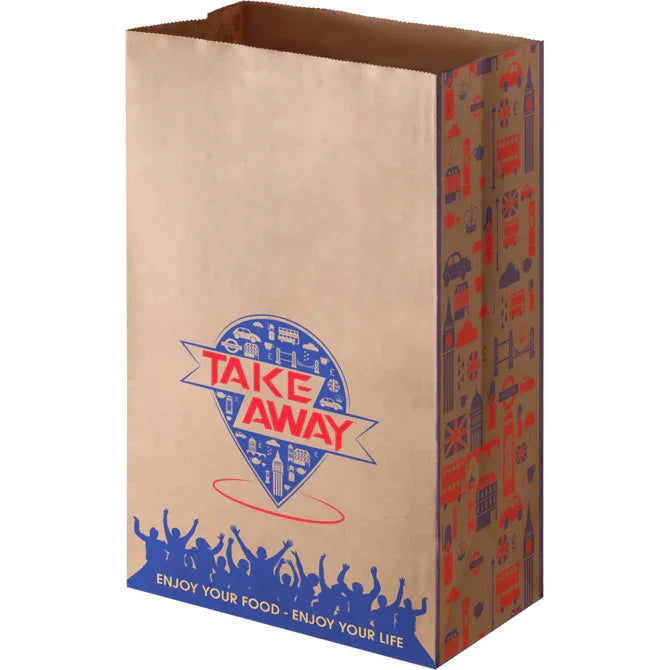 Bulk Printed Paper Shopping Bags Without Handles – Custom Takeout Bags Canada | Large Run Wholesale with takeaway design and blue red print