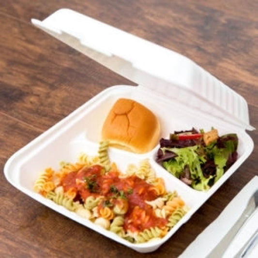 Clamshell Sugarcane Bagasse Container, 8x8x3 Inches, 3-Compartment, 200 pcs