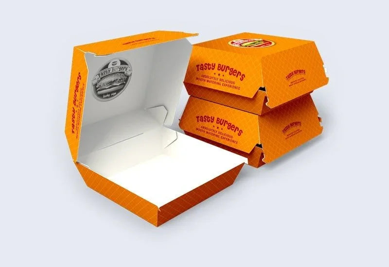 Custom Printed Hamburger Box | Eco Friendly Takeout Packaging | Restaurant Branding with bright orange design and stacked boxes