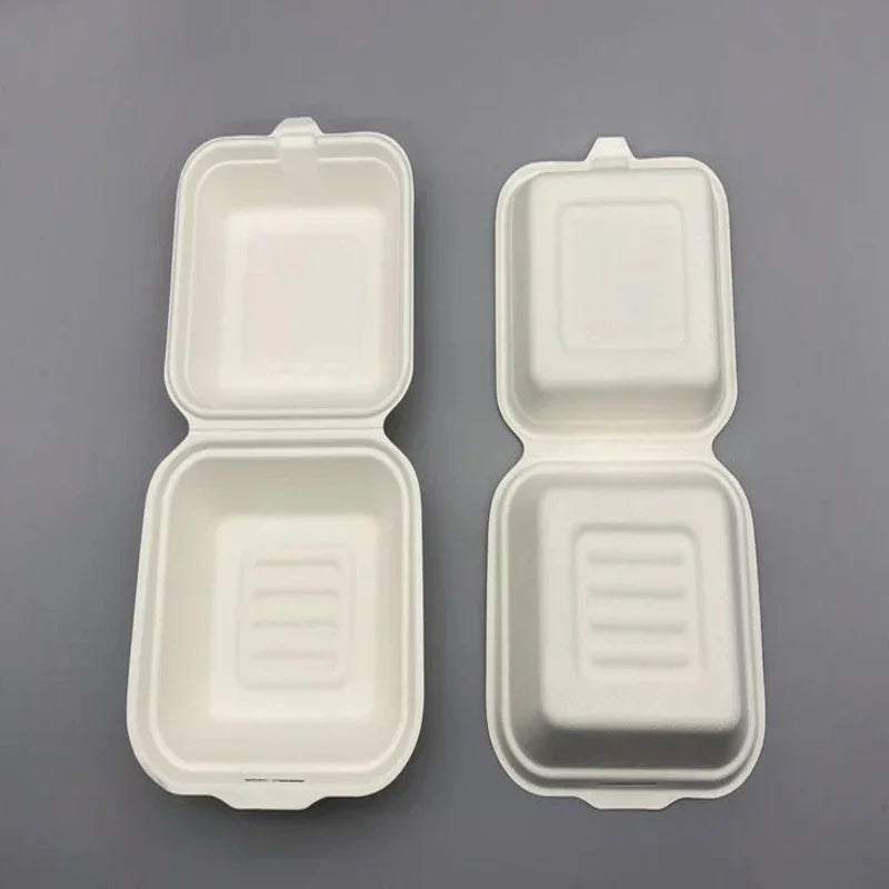 Sugarcane Bagasse Container, 6x6x3,(Wide) #400 pcs, two white eco-friendly wide takeout containers open and closed view