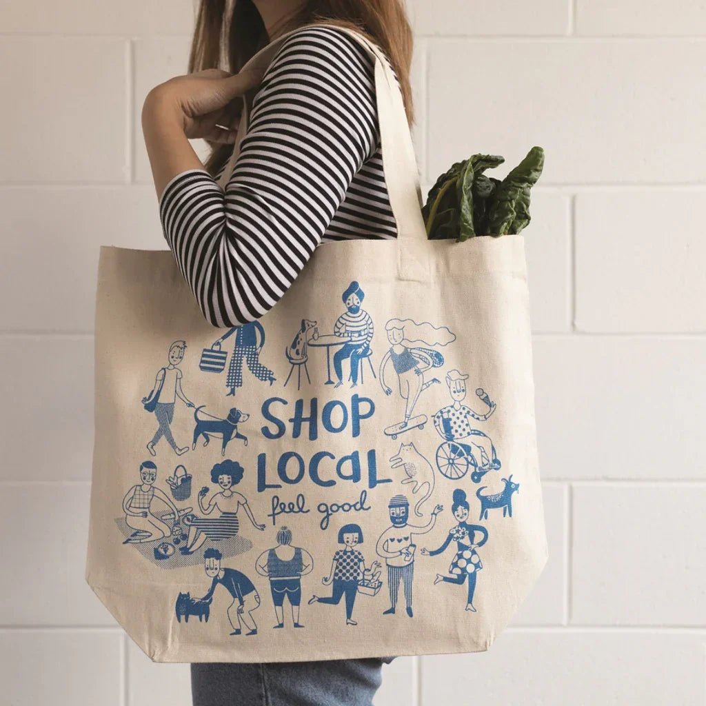 Custom Printed Cotton Tote Bags | Eco-Friendly Reusable Shopping Bags | Bulk Wholesale with blue "Shop Local feel good" print design