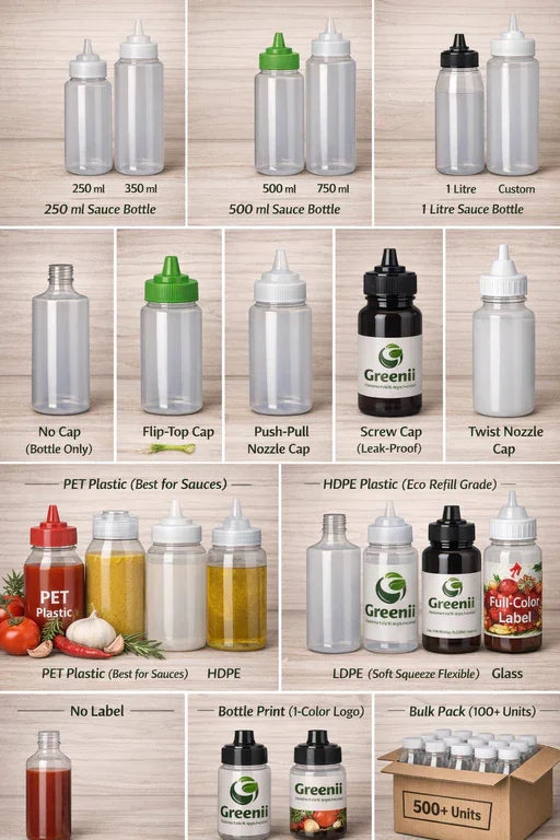 Sauce Bottles| Food Grade Squeeze Containers | Leak Proof Caps | Bulk Wholesale with multiple sizes, caps, and material options for sauces