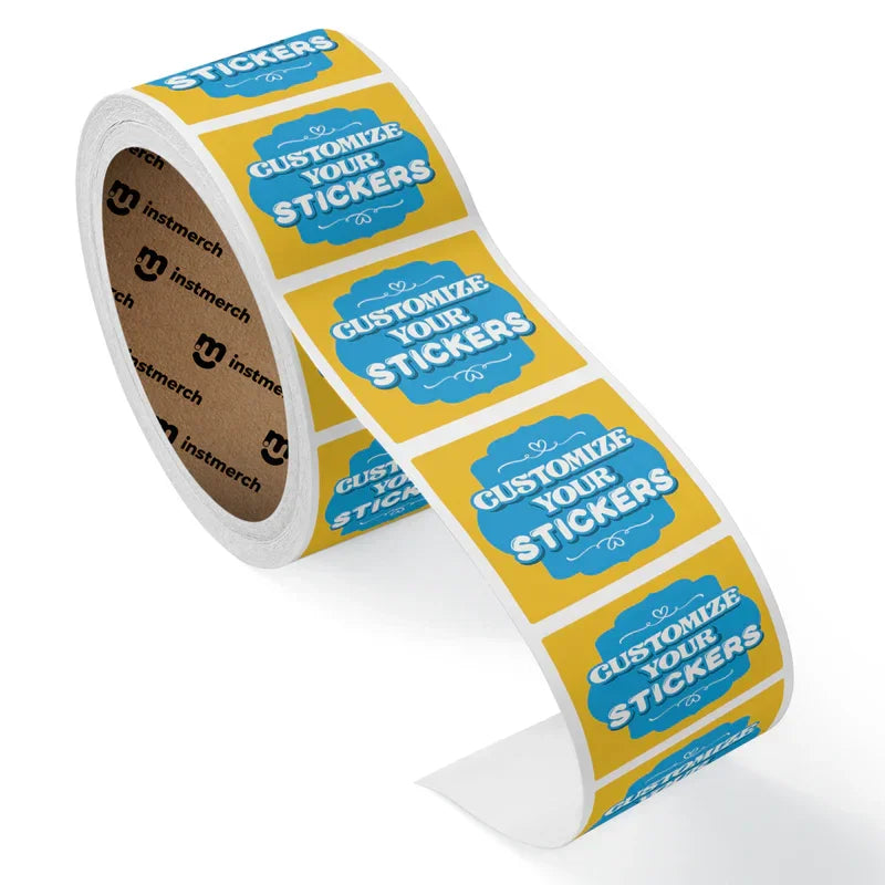 Square Labels roll with blue and yellow design showcasing customizable sticker text for packaging and branding use