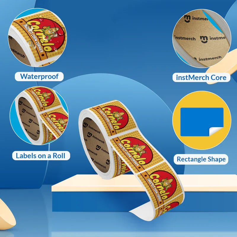 Rectangle Labels roll showcasing waterproof custom branding with instMerch core on a yellow and red design