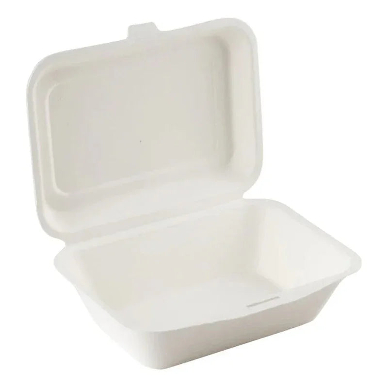Sugarcane Bagasse Container, 7.25 x 5 x 2.5 Inches, 600 pcs, eco-friendly white biodegradable takeout box open view