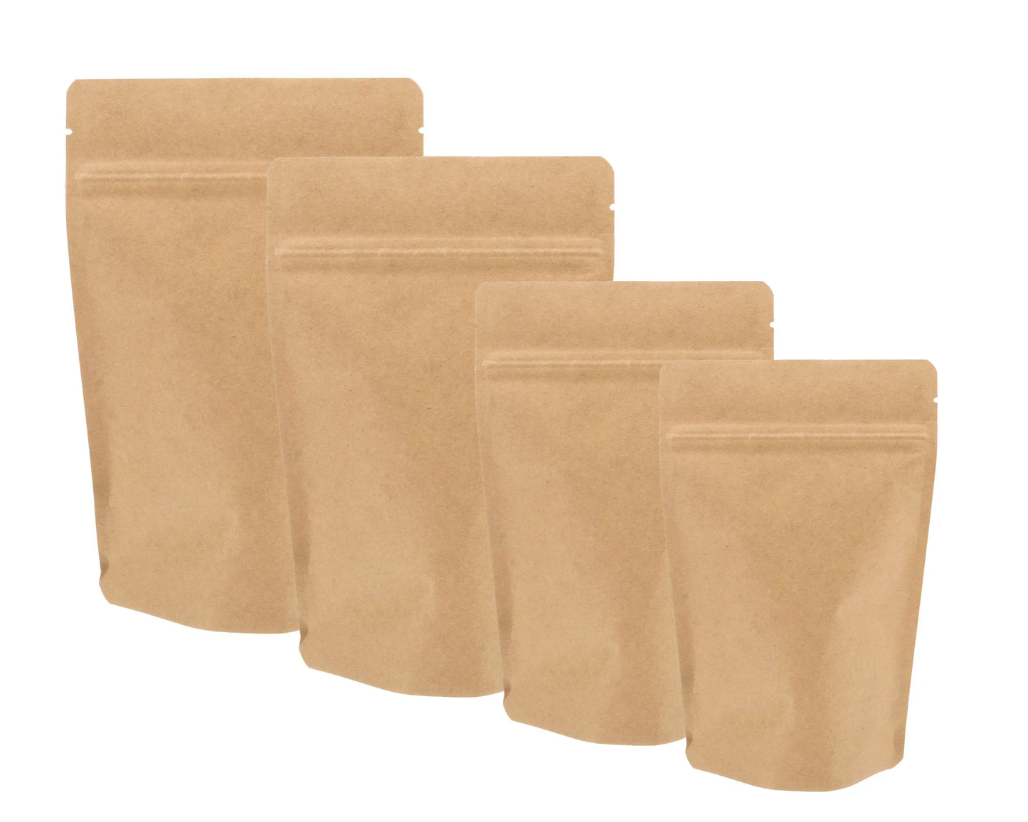 Ziplock & Resealable Pouches in kraft paper with zip closure shown in four different sizes for versatile packaging