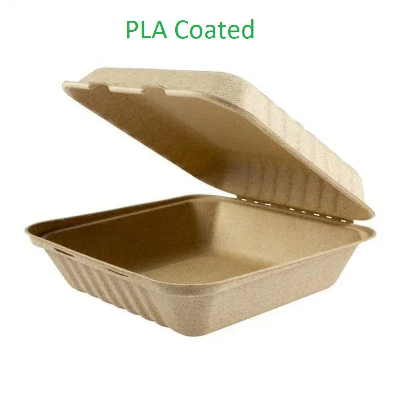 PLA Coated Clamshell Sugarcane Container, 8x8x3 Inches, 200pcs, open compostable kraft takeout box view