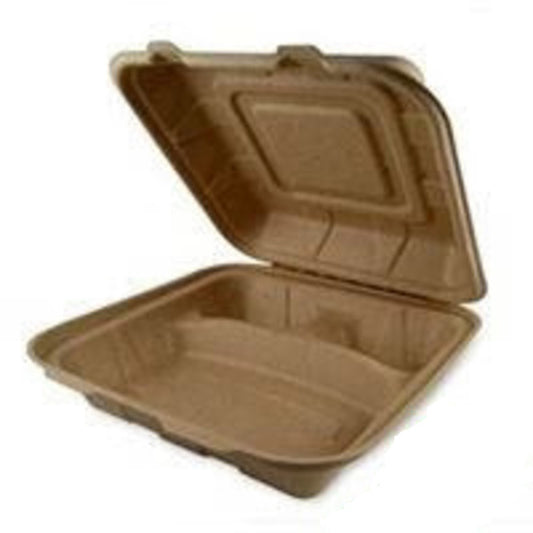 Kraft Sugarcane Bagasse Container, 8x8x3 Inches, 3-Compartment, 200 pcs