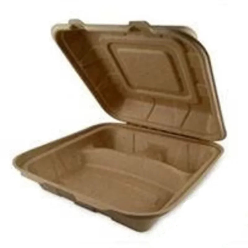 Kraft Sugarcane Bagasse Container, 8x8x3 Inches, 3-Compartment, 200 pcs, open biodegradable takeout box view