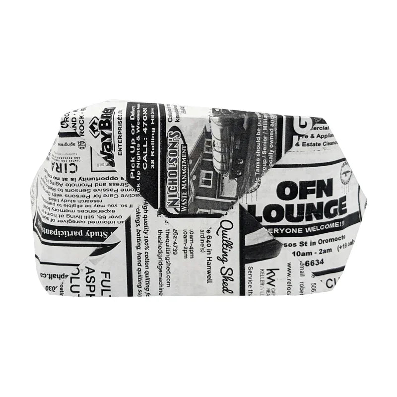 White Coffee News Paper Bags - Extra Small size displaying folded upcycled coffee newsprint with black and white printed text design