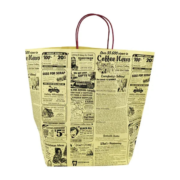 Eco-friendly paper bag with newspaper print and red handles by Greenii Inc.