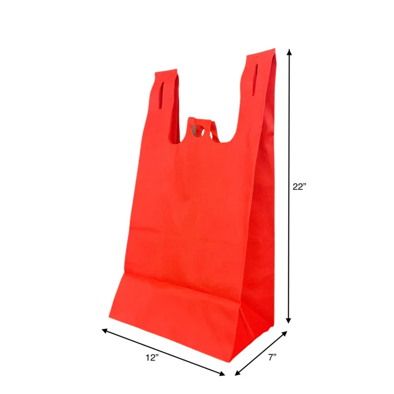 200pcs Reusable Non-Woven T-Shirt Shopping Bags – Flat Bottom - 12x7x22x7 Inches, red bag with size dimensions shown